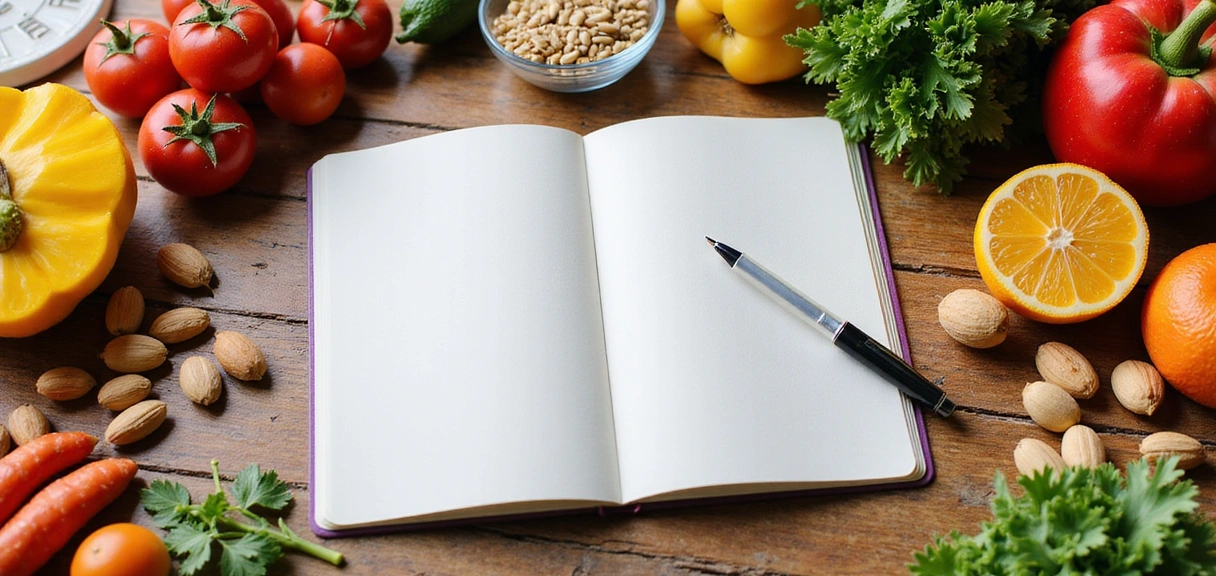Un quaderno aperto con alimenti sani e una penna, che suggerisce l'apprendimento e l'alimentazione sana.