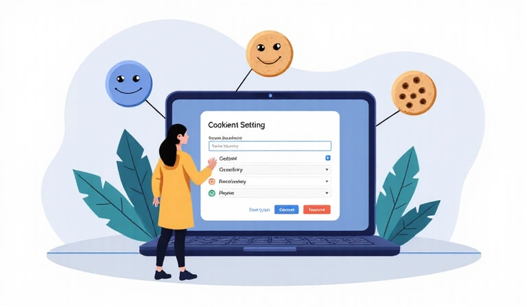 Illustrazione di un utente che gestisce le impostazioni dei cookie su un computer portatile, con icone che rappresentano il consenso e il rifiuto dei cookie. L'immagine trasmette un senso di controllo della privacy.