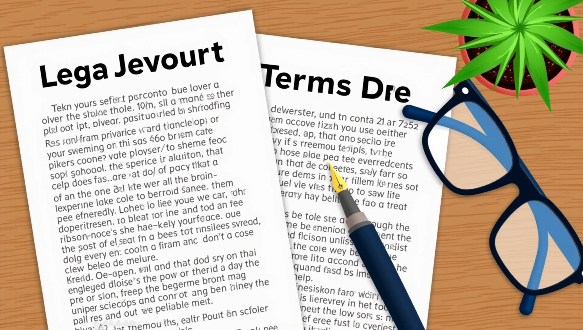 Documenti legali con una penna e occhiali su una superficie di legno, simboleggianti privacy e termini di servizio.